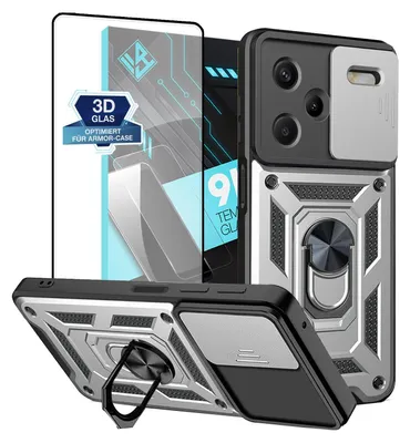 Produktbild von Armor Handyhülle für Xiaomi Redmi Note 13 Pro+ 5G mit 9H Displayglas Displayschutz Kameraschutz Handy Panzer Case Cover Schutzhülle Outdoor Farbe: Silber
