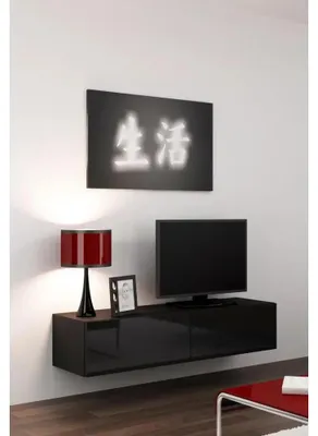 Zdjęcie produktu dla Cama Szafka RTV VIGO '140' 30/140/40 czarny/czarny połysk, Czarny, Płyta wiórowa, Czarny, Płyta wiórowa, Laminat, Matowy