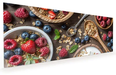 Produktbild von Küchenrückwand Spritzschutz Glas mit Motiv Beeriges Müsli 40 x 40 cm