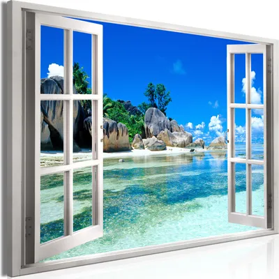 Immagine prodotto di Murale moderno vista finestra 120x80 - 1 parte fotografia su tela non tessuta foto immagine decorazione parete arte stampa spiaggia mare isola tropicale paesaggio natura c-C-0383-b-a