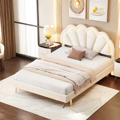 Immagine prodotto di Letto imbottito ProximaX 140x200 cm – con testiera a forma di fiore e LED, letto sospeso matrimoniale con rete a doghe – Velluto – Beige