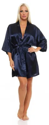 Produktbild von Damen Morgenmantel kurzer Kimono in Satin-Optik; Dunkelblau S