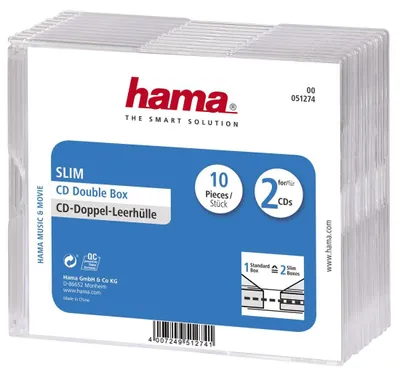 Produktbild von Hama CD Slim Double Jewel Case, pack 10, 2 Disks, Transparent, 142 mm, 125 mm, 52 mm, 372 g