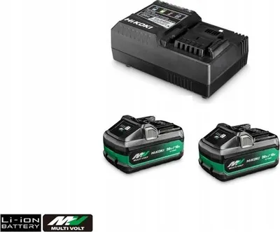 A black battery charger and two green and black batteries are displayed on a white background.