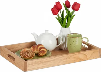 Produktbild von Relaxdays Serviertablett, Holz & MDF, HxBxT: 5 x 55 x 35 cm, Essenstablett mit Griffen, hoher Rand, rechteckig, natur