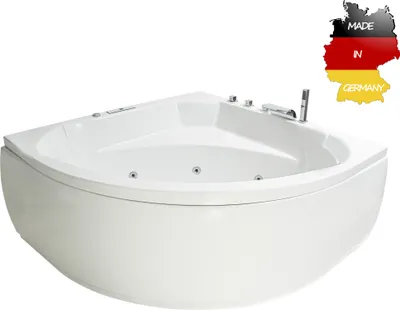 Produktbild von Basera CLASSIC Indoor Eck-Whirlpool Badewanne Korfu 155 x 155 cm mit 25 Massagedüsen, Wasserfall, LED-Ambiente, Touchpanel, Bluetooth und Radio