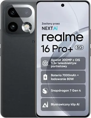 Zdjęcie produktu dla realme 16 Pro+, 17,3 cm (6.8"), 1280 x 2800 px, 8 GB, 256 GB, 200 MP, Szary