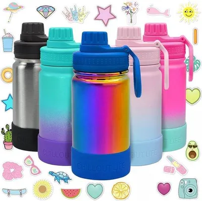 Produktbild von Isolierte Kinderwasserflasche aus Edelstahl 350ml - Leckfrei mit Verschluss & Aufklebern