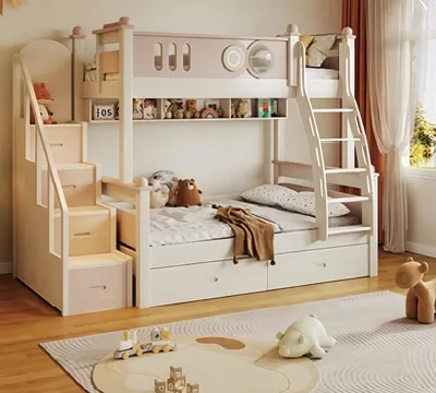 Productafbeelding van Stapelbed, hoogslaper, etagerek, kinderbed, tienerbed, houten bed, wit, tweepersoonsstapelbed