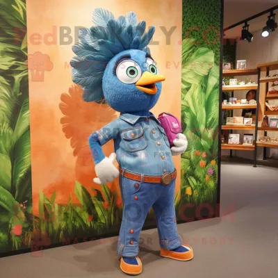 Produktbild von Pfirsich-Pfau REDBROKOLY Maskottchen kostüm gekleidet in ein Jeanshemd und Clutch-Taschen