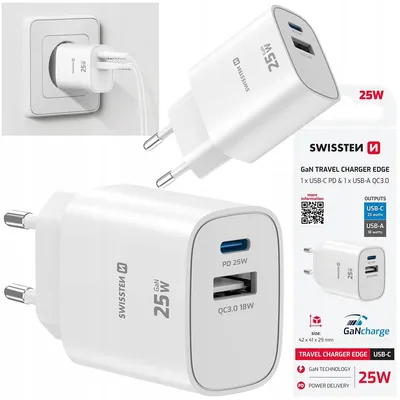 Zdjęcie produktu dla SZYBKA ŁADOWARKA SIECIOWA GaN 1x USB-C 25 W PD + 1x USB-A 18W QC SWISSTEN