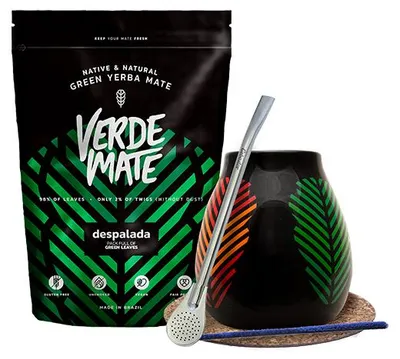 Produktbild von Verde Mate - Mate Tee Set Despalada 500g - Dicke Blätter 5mm - 100% Blätter Ohne Stängel - Mate Becher Keramik Samba 350ml - Bombilla - Brasilien