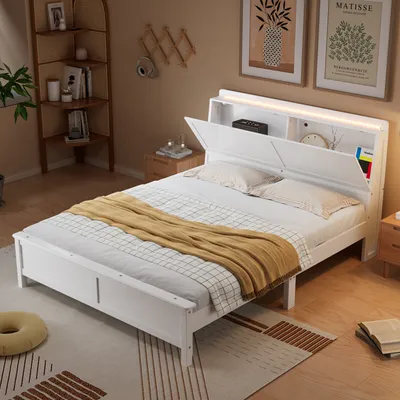 Produktbild von Flieks Jugendbett Doppelbett 140x200cm mit LED, Holzbett Klassisches Bett mit Klappbarem Kopfteil, Kinderbett mit Ablage & Lattenrost, Weiß