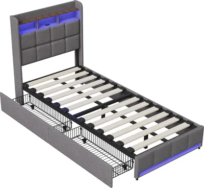 Zdjęcie produktu dla Łóżko tapicerowane ProximaX Grey 90×200 cm - Z oświetleniem LED, złączem USB i Type-C oraz 4 szufladami pod łóżkiem - Praktyczne i wygodne