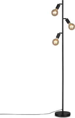 A black floor lamp with three exposed bulbs on a white background.