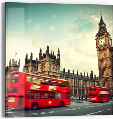 Produktbild von DEQORI Glasbild Echtglas 50x50 cm 'Rasende Busse vor Big Ben' Wandbild Bild modern Deko