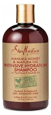 Produktbild von SheaMoisture Community Commerce Manuka Honey & Mafura Oil Intensive Hydration Shampoo, 384 ml, Shampoo, Nicht-professionell, Unisex, Water (Aqua), Decyl Glucoside, Sodium Lauroyl Lactylate, Glycol Stearate, Glycerin (Vegetable),..., Apply to wet hair, gently massage into a rich lather. Rinse thoroughly. Repeat, if necessary.