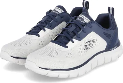 A pair of white and navy blue Skechers sneakers on a white background.
