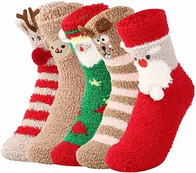 Produktbild von Damen Kuschelsocken Warme Wintersocken Cute Cartoon Muster Hausschuhsocken Anti Rutsch Noppen Socken, 5 Paar
