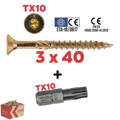 Zdjęcie produktu dla Wkrety do Drewna Ciesielskie Stożkowe Klimas WKCS KMWHT 3x40 Torx 500 Szt