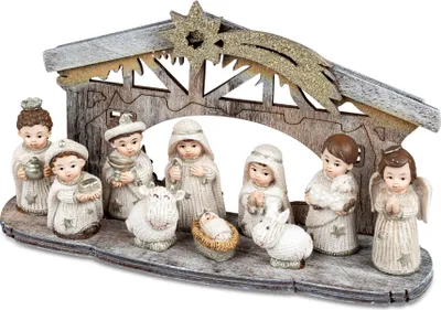 Produktbild von Krippe aus Holz mit 10 Krippenfiguren aus Kunststein formano