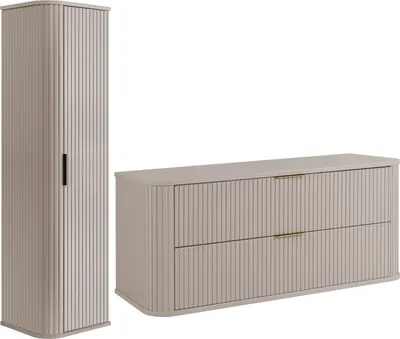 A tall cabinet and a long dresser are shown side-by-side against a white background.