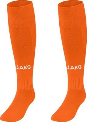 A pair of orange soccer socks with the JAKO logo.