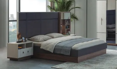 Produktbild von Graues Schlafzimmer Bett Designer Garnitur Doppelbett 2x Nachttische