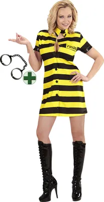 Produktbild von Sträfling Kostüm Damen gelb schwarz mit Sträflingskette Größe: 38-40