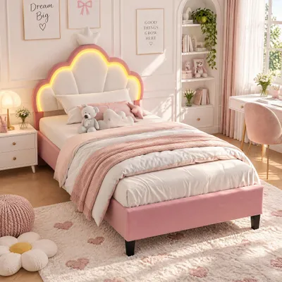 Immagine prodotto di Letto per bambini INONEFT, 90x190 cm, letto per bambine con luci LED, letto a forma di principessa in velluto, letto imbottito con poggiatesta regolabile in altezza a forma di , color rosa