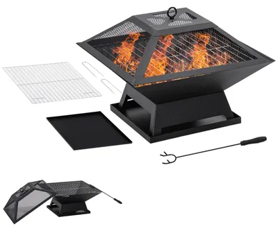 Produktbild von Feuerschale 45 x 45 x 34cm aus Edelstahl Feuerstelle mit Funkenschutz, für Garten