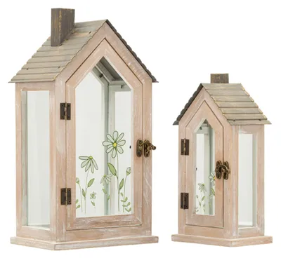 Immagine prodotto di Set da 2 lanterne Flower 18 x 36 x 13 cm in legno e vetro, rosa