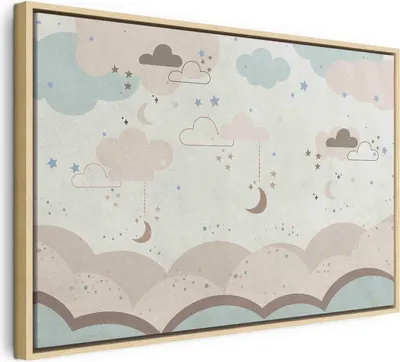 Produktbild von Italienischer Leinwand Leinwandbild - Cloudy Night Sky - Moons in Brown and Beige Hues Among Clouds and Numerous Little Stars on a Light Background 60x40 cm Für Kinder e-C-10063-b-a