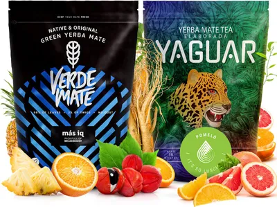 Produktbild von Verde Mate, Yaguar - Mate Tee Set Más IQ, Pomelo 1kg - Dicke Blätter 5mm - Fokus, Zitrusfrische - Luftgetrocknet, Mild - 2x500g