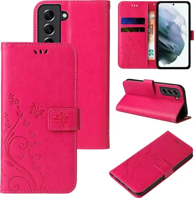 Produktbild von Handyhülle für Samsung Galaxy S21 Floral Blumen Schmetterling Flip Cover Hülle Case Klapphülle Handytasche Farbe: Pink