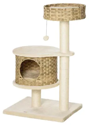 Image de Arbre à gratter pour chat avec maisonnette | Couleur : Naturel + Beige | Dimensions : 47 x 55 x 95 cm