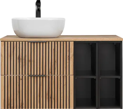 Produktbild von Badezimmer Waschtisch 100 cm schwarz gerillt mit Regalen XANTEN-56 in anthrazit mit Eiche Nb., B/H/T: ca. 100,6/73,7/46,5 cm