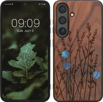 Obrázok produktu pre kwmobile kryt kompatibilný s puzdrom Samsung Galaxy S25 - drevený kryt - kryt na mobilný telefón - TPU puzdro na mobilný telefón v tmavohnedej perleťovo levanduľovej farbe