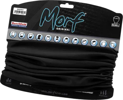 A black neck gaiter product displayed in its retail packaging.