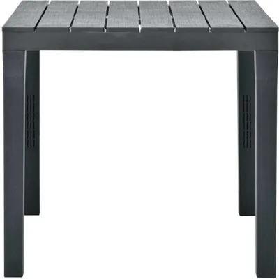 A studio shot of a dark gray outdoor table.