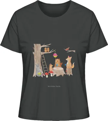 Produktbild von Mr. & Mrs. Panda Baumwoll T-Shirt Damen Waldtiere Picknick Größe S - Anthrazit - Geschenk, Eichhörnchen, shirt, Oberteil, Kurzarmshirt, Basic, Wald, Igel, Gute Laune
