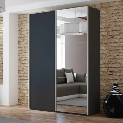 Produktbild von Krudox PRV Kleiderschrank Schiebetür Schwarz 150 cm mit Spiegel 2 Kleiderstangen Schlafzimmer Schrank