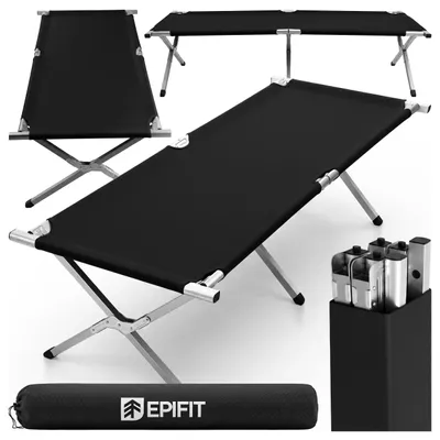 Image de Lit de camping pliable, chaise longue, lit canadien, 100 kg, grand format, confortable, sac de rangement, noir