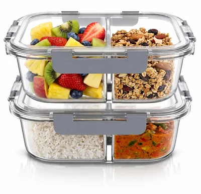 Produktbild von Arendo Vorratsdosen 2er Set mit 2 Fächern, Meal Prep Frischhaltedosen aus Borosilikatglas je 1500 ml, Klickverschluss, Silikondichtung, luftdicht, auslaufsicher, transparent