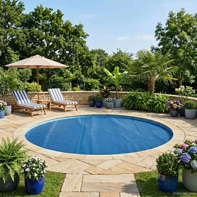 Immagine prodotto di Copertura solare per piscina, di alta qualità, rotonda, diametro 381 cm, spessore 200 μm, in polietilene (PE), colore blu