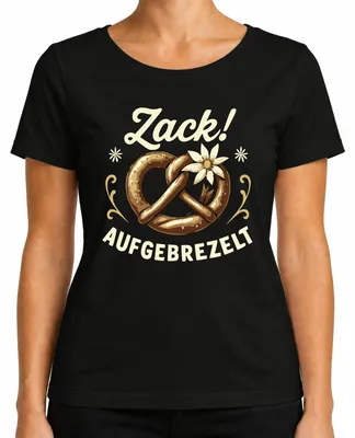 Produktbild von Zack Aufgebrezelt   Brezel Tracht Edelweiß Wiesn Lustig Damen T-Shirt, Schwarz, XL