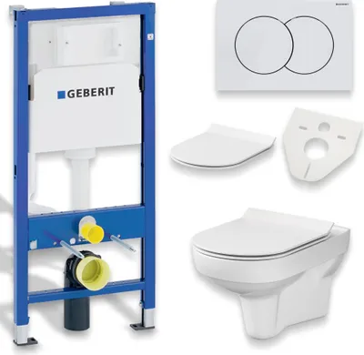 Produktbild von BADLAND WC Set: Geberit Duofix Basic UP 100 Vorwandelement inkl. Wand-WC City CleanOn Weiß, Betätigungsplatte Delta01 Weiß, Slim WC-Sitz mit Soft-clo