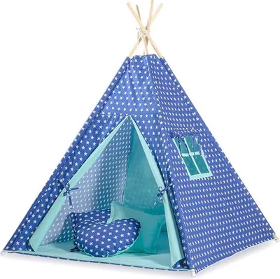 Imagen del producto de Tienda tipi para niños, tienda de juegos, ligera y plegable. Color azul marino con estrellas y plumas decorativas