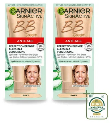 Imagen del producto de 2 unidades de crema BB antiedad Garnier SkinActive, tono claro - Crema de día con color, 50 ml - Paquete ahorro