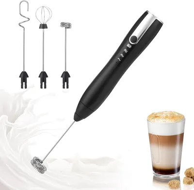 Produktbild von Milchaufschäumer Stab, Elektrische Milchschäumer, mit 3 Geschwindigkeiten und 3 Edelstahl-Schneebesen, für Matcha, Heiße Schokolade, Cappuccino